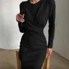 Casual Dresses 2023 Autumn Solid Office Lady Insta Elegant Women's Dress Round Neck Long Sleeve Draped Knee-Length Straight