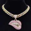 Pendant Necklaces Hip Hop Bite Lip Shape Necklace With 13mm Crystal Cuban Chain Iced Out Bling Hiphop Fashion Jewelry For Men WoPendant Godl