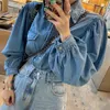 Women's T Shirts Ladies Stitching Casual Loose Denim Long-sleeved Indie T-shirts Women Y2k Blue Tshirts Tops Elegant 2023 Fall Fashion Tees