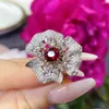 Wedding Rings Trendy Vintage Temperament Big Flower For Women Bling Simulation Ruby Red Crystal Party Cocktail Ring Resizable