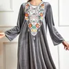 Этническая одежда Кебая Муслимная мода Серый Негабаритный Вельхатный вышитый с длинным рукавом Большой свинг -дамы платье скромное халат для женщин Исламский