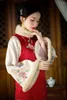 Roupas étnicas vermelhas Long Qipao Bordado de algodão vestido chinês Hanfu Mulheres Tradicional Robe Cheongsam Winter MT814