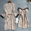 Women's Sleepwear Robe Suit Womens Lace 2PCS Kimono Bathrobe Gown Twinset Summer Satin Set Sexy Lingerie V-Neck Nightwear