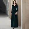 Ethnic Clothing Elegant V-Neck Slim Evening Party Dress Autumn Winter Velour A-Line Dresses Female Vintage Full Sleeve Banquet Gown