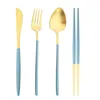 Flatvaruuppsättningar Blue Gold High Quality 304 Rostfritt stål Cutery Set Matte Tabelleriserar servis knivar gaffel Spoons Chopsticks