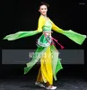 Stage Wear (0140) Vêtements de danse classique chinoise Hanfu Costume ancien Costume de fée Ensemble jaune vert manches longues vol d'eau