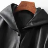 Women's Leather & Faux 2023 Spring Hooded Loose Sheep Skin X-Logn Coat Long Black Windbreaker Casual Single Breasted Large Jacket