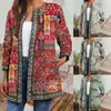 Kvinnors stickor Kvinnors Cardigan Coat Ethnic Print O Neck Round Outwear All Match Vintage Long Sleeve Jacket Ytterkläder för Autumn Winter