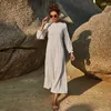 Lässige Kleider Damen Frühling und Sommer Rundhalsausschnitt Pure Slim Langarm Mode Weiß Linear Grün Rock Loses Kleid