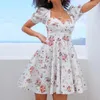 Abiti da festa Bohe Flower Print White Dress Women's Short Puff Sleeve Zipper Mini Sundress Elegante abbigliamento estivo da donna