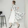 Ropa étnica 2023 primavera otoño estilo chino Cheongsam Qipao cintura suelta tinta impresa manga tres cuartos vestido de dos piezas para mujeres