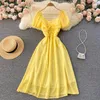 Casual Kleider Vintage Süße Temperament Taille Kleid Für Frauen Sommer V-ausschnitt Puff Kurzarm Slim Midi Lange Chiffon Elegante VestidosCasua