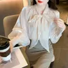 Women's Blouses Korean Style Shirt Female Big Bow Tie Blouse Retro Lantern Long-Sleeved Elegant Women 2023 Spring Pink Organza Tops