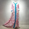 Ethnic Clothing Pink Floral Women Muslim Hijab Abaya Eid Mubarak Maxi Dress V-neck Kaftan Robe Dubai Turkish Islamic Moroccan Boubou