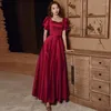 Ethnic Clothing Burgundy Satin Bridal Wedding Long Party Dress Elegant Sweetheart Neck Slim Banquet Gown S-3XL Temperament Pleated Dresses