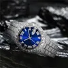 Armbandsur Iced Out Cubic Zirconia klockor Blue Face Hip Hop Mode Högkvalitativt diamantarmband i rostfritt stål Quartz Watch For Me Iri