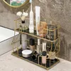 Opbergdozen Deluxe gouden badkamer ijdelheidsbak duurzame kaptafel ijzer 2 laag cosmetische organisator plankhouder voor slaapkamer
