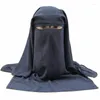 Ethnic Clothing H225 High Quality Muslim Black Niqab Three Layers Chiffon Fabric Face Cover Pull On Islamic Scarf Turban Hijab With Tie Band