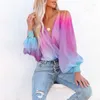 Women's Blouses Gradient Chiffon Blouse Women 2023 Spring Summer Sexy Deep V-Neck Batwing Sleeve Baggy Shirt Woman Fashion Sheer Long Top