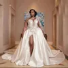 Dubai Africa Princess Bridal Gowns Full Sleeves White Appliques Mermaid Bridal One Shoulder Wedding Dresses With Detachable Train211z