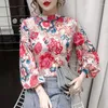 Damenblusen Frauen Retro Blumendruck Chiffon Hemd Langarm Chic Weiblich Casual Lose Blusas Femininas 2023 Frühling Herbst Dame Tops