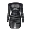 Casual Dresses Women Sexy Mesh Skinny Mini Dress Long Sleeve Slash Neck Off Shoulder See Through Sheer Yarn Pleated Sheath Wild