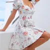 Abiti da festa Bohe Flower Print White Dress Women's Short Puff Sleeve Zipper Mini Sundress Elegante abbigliamento estivo da donna