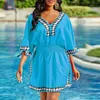 Casual Dresses MISSJOY Sexy V-Neck Sun Protection Mini Dress Women Vintage Elastic Waist 3/4 Sleeve Ethnic Printed Bohemian Robe De Plage