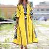 Sukienki zwyczajne kobiety vintage v szyja 3/4 puff rękawa kwiatowy druk Tassel duży bąbeczka maxi sukienka plus moda elegancka