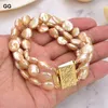 Strand Beaded Strands GuaiGuai Jewelry Natural Pearl Cultured 3Rows 12-13mm Champagne Coin BraceletBeaded Rodn22