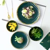 Plates Green With Gold Rim Ceramic Plate Dish Set Tableware Porcelain Salad Bowl Service Restaurant Kitchen Supplies