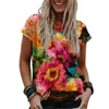 여자 T 셔츠 2023 여름 식물 꽃 3D 패턴 짧은 슬리브 둥근 목 라운드 느슨한 패션 여성 티셔츠