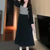 Casual Dresses Autumn Fashion Elegant Party Long Sleeve Elastic midja Bodycon Dress Women Loose Stripe Patchwork Black Vestidos