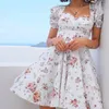 Abiti da festa Bohe Flower Print White Dress Women's Short Puff Sleeve Zipper Mini Sundress Elegante abbigliamento estivo da donna