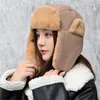 Bérets Ski Cap Bomber Chapeau Femmes Lei Feng Pour Cyclisme Hiver Chaud Ushanka Russe Earflap Bonnet Fausse Fourrure Trappeur