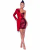 Party Dresses High Quality Red Silver Night One Sleeved Glitter Sequin Crepe Tuxedo Blazer Dress Girl Fashion Gown WearParty