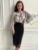 Women's Blouses Satin Bow Tie Fashion Women Blouse Lantern Sleeve Casual Solid Color Office Lady Tops Summer 2023 Aankomst