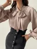 Women's Blouses Satin Bow Tie Fashion Women Blouse Lantern Sleeve Casual Solid Color Office Lady Tops Summer 2023 Aankomst