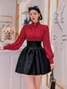 Kjolar high end svart kjol kvinnor elegant 3d blommor veckad 2023 höst mode tunna tjej flare koreanska minikjol