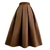 Kjolar 2023 Autumn Winter Vintage Elegant Classic Women Brown Basic Color High midja Lång veckad ullkjolkontor Lady ol Work Wear