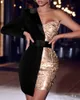 Party Dresses High Quality Red Silver Night One Sleeved Glitter Sequin Crepe Tuxedo Blazer Dress Girl Fashion Gown WearParty