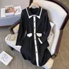 Robes décontractées grande taille dames grosse fille automne tenue revers petit vent doux frappant scène femme un mot jupe ensemble tarière robe tricotée