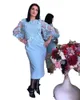 2023 Vestidos para la madre de la novia Vestidos de fiesta de graduación azul cielo claro Cuello joya Poeta Mangas largas Apliques de encaje Flores florales en 3D Cuentas Ropa formal para mujer Longitud del té