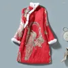 Etnische kleding h.rong.x Tang 2023Winter Chinese cheongsam jurk traditionele retro rood verbeterde qipao cotton fleece cny2023 dames feest