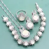 Halsband örhängen set silver 925 bröllop juveler för kvinnor vit eld opals förlovningsring armband gratis smyckeslåda