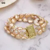 Strand Beaded Strands GuaiGuai Jewelry Natural Pearl Cultured 3Rows 12-13mm Champagne Coin BraceletBeaded Rodn22