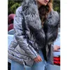 Women's Trench Coats Casual Women Fur Collar Winter Coat Long Sleeve Luxury Jackets Thick Warm 5XL Big Size Glossy Parkas 2023 Silver Gray