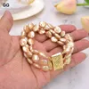 Strand Beaded Strands GuaiGuai Jewelry Natural Pearl Cultured 3Rows 12-13mm Champagne Coin BraceletBeaded Rodn22