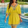 Abiti casual MISSJOY Sexy scollo a V Protezione solare Mini abito da donna Vintage Elastico in vita Manica a 3/4 Stampa etnica Bohemian Robe De Plage