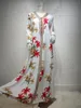 Ethnic Clothing Ribbon V Neck Maxi Dress For Women White Floral Muslim Dubai Turkey Arabic Oman Moroccan Caftan Kuwait Clothes A02